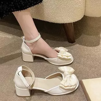 Новые однотонные элегантные женские туфли с круглым носком и бантом, нескользящие износостойкие повседневные туфли на высоком каблуке для вечеринок 35