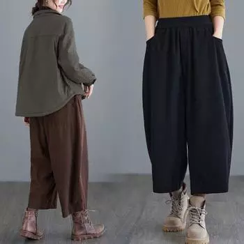 Новые однотонные брюки Maillard s для женщин, осенне-зимние вельветовые брюки широкого кроя с высокой талией, повседневные студенческие брюки свободного кроя и ленивые повседневные брюки S [Recommended 90-52.5kg] темно-коричневого