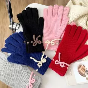 Новые однотонные перчатки для женщин зимой, универсальные для студентов, симпатичные, с пятью пальцами, вязаные, для пары, с сенсорным экраном, милые, теплые, для велоспорта one size