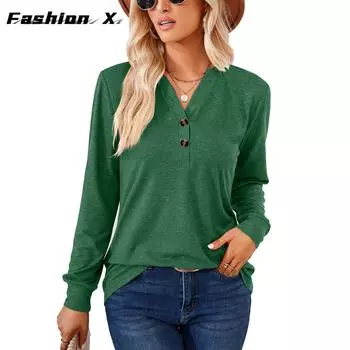 Новые однотонные свободные футболки с длинными рукавами и пуговицами в Европе и США для женщин S чёрный