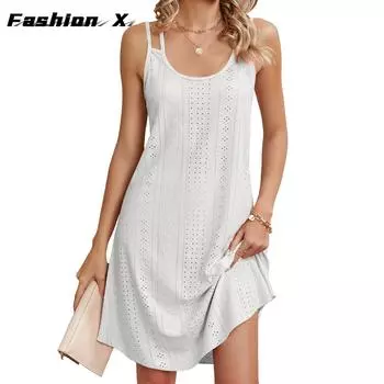 Новые однотонные свободные платья без рукавов с круглым вырезом и бретельками S белый