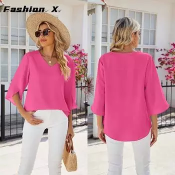 Новые однотонные свободные рубашки с V-образным вырезом и рукавами средней длины для женщин S белый