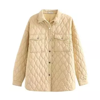 новые однотонные теплые стеганые куртки с квадратным вырезом для женщин в стиле casual, стеганые куртки с длинными рукавами для женщин, свободная стеганая одежда из хлопка XS хаки