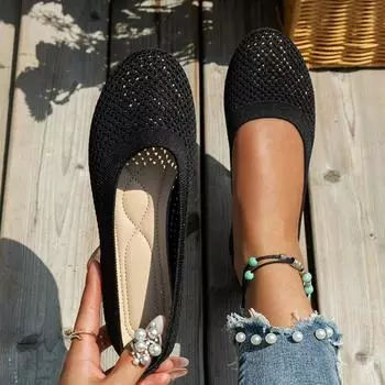 Новые однотонные туфли на плоской подошве с круглым носком, женские повседневные дышащие туфли с полым плетением 36 чёрный