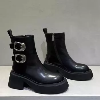 Новые однотонные женские ботинки с боковой молнией, зима 2024 года, высококачественные женские ботильоны с двойной пряжкой и резиновой подошвой 35 чёрный