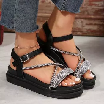 Новые однотонные женские сандалии со стразами, хит продаж, летние женские сандалии до середины икры с ремешком для девочек, новые модные женские пляжные сандалии среднего размера 35