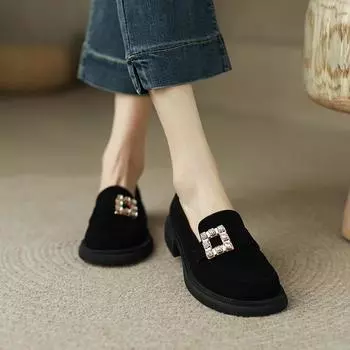 Новые однотонные женские туфли с круглым носком, толстой подошвой, стразами, квадратной пряжкой, декоративные, повседневные и универсальные 35