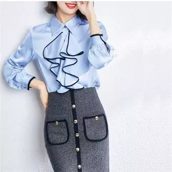 Новые офисные женские блузы, женские винтажные топы без рюш, простые элегантные шифоновые женские блузки, шикарные повседневные рубашки с длинными рукавами, топы S белый