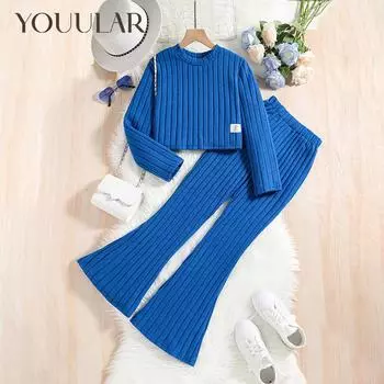 Новые осенне-зимние детские синие топы с длинными рукавами и брюки-клеш, комплект из 2 предметов для девочек