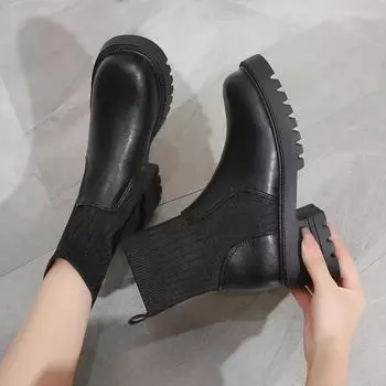 Новые осенне-зимние модные женские ботинки челси женские ботинки из искусственной кожи на высоком каблуке туфли на платформе женские вязаные сексуальные ботильоны 35 чёрный