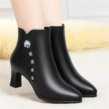 Новые осенне-зимние мягкие кожаные туфли со стразами из хлопка, женские модные элегантные удобные сапоги с острым носком на высоком каблуке 35(Foot22.5cm)