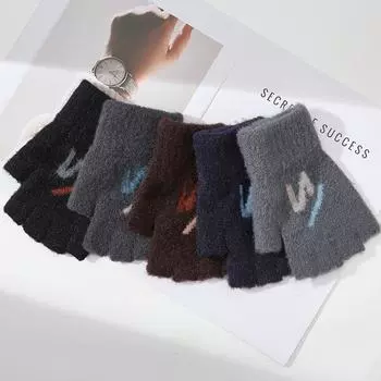 Новые осенне-зимние мужские вязаные теплые перчатки с полупальцами, жаккардовые рабочие перчатки с отсутствующим пальцем и полуобрезанными пальцами One Size