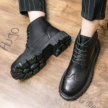 Новые осенне-зимние ретро-кожаные ботинки челси для мужчин, туфли на платформе, мужские повседневные ботильоны, мотоциклетные ботинки на низком каблуке 38 чёрный