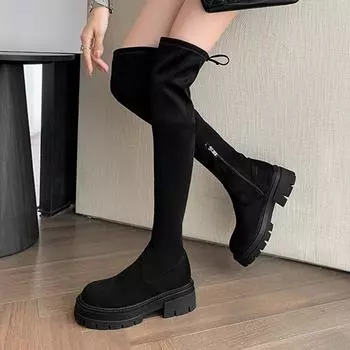 Новые осенне-зимние сапоги на толстой подошве выше колена, эластичные высокие сапоги для женщин, толстые высокие каблуки, замшевые длинные сапоги для женщин 35 телесный
