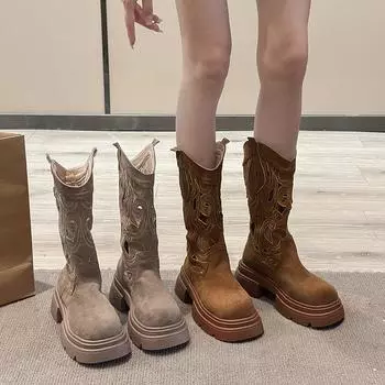 Новые осенне-зимние сапоги с круглым носком, квадратным каблуком, толстой подошвой, увеличивающей рост, модные женские сапоги, элегантные сапоги до середины голени для подиума 35