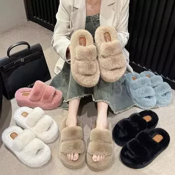 Новые осенне-зимние тапочки на толстой платформе с пушистым дном, женские теплые хлопковые тапочки на плоской подошве P774 34 бежевый