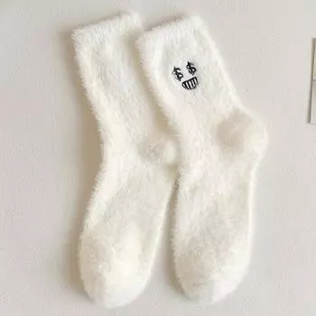 Новые осенне-зимние теплые женские носки, милые плюшевые носки с вышивкой для женщин, теплые носки из искусственного меха норки, забавные носки с эмодзи 35-40 Size 35-40