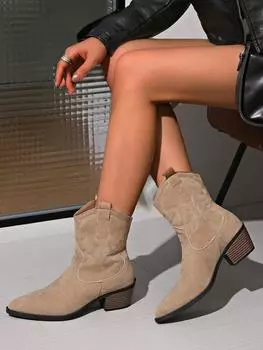Новые осенне-зимние замшевые ботинки в стиле ретро с V-образным вырезом, женские остроносые ботинки Rider Western Denim Skinny средней длины 36