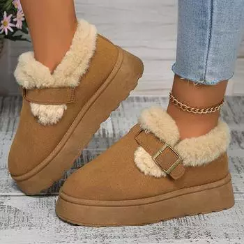 Новые осенне-зимние женские плюшевые зимние сапоги с мелкой пряжкой, теплые сапоги с толстой подошвой, большой размер 43, замшевые, меховые, на плоской платформе, хлопковые туфли 36