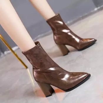Новые осенне-зимние женские сапоги с острым носком, мягкие кожаные туфли, туфли-лодочки на квадратном каблуке, короткие женские сапоги 35