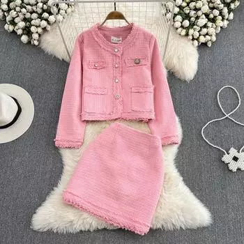 Новые осенне-зимние женские твидовые костюмы из полушерсти, однотонное пальто высокого качества, куртка и мини-юбка с высокой талией, комплект из двух предметов L чёрный