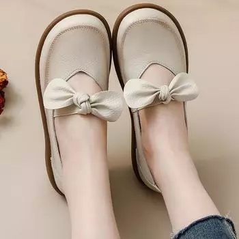 Новые осенние балетки с бантом женские мокасины из натуральной кожи женские туфли на плоской подошве с широким носком элегантные женские туфли CN 35