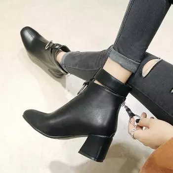 Новые осенние ботильоны женские модные мотоциклетные ботинки на молнии женские кожаные резиновые сапоги женские туфли на высоком каблуке женские 77 3 чёрный