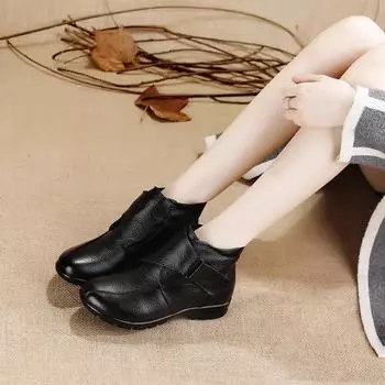 Новые осенние ботинки женские ботинки зимние ботильоны из натуральной кожи женские ботинки на липучке на плоской подошве для мамочек нескользящие зимние ботинки с хлопковой подкладкой 35 чёрный