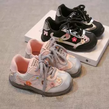 Новые осенние цветочные туфли для девочек, удобные универсальные простые детские кроссовки с мягкой подошвой, легкие женские кроссовки, модная повседневная обувь 26insole16cm чёрный