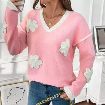 Новые осенние длинные рукава V-образный вырез розовые пуловеры свитера женские модные зимние свободные вязаные свитера женские элегантные тонкие повседневные джемперы с аппликацией 25719 S розовый