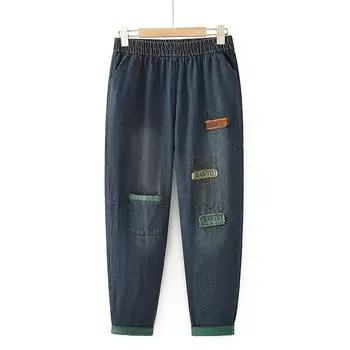 Новые осенние джинсы для полных мам среднего возраста, большие размеры, иностранный стиль, вышитые эластичные брюки для пап среднего возраста и пожилых женщин 2XL