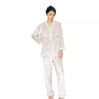 Новые осенние и зимние брюки с длинными рукавами, золотистая бархатная пижама для женщин, элегантная плюшевая домашняя одежда с V-образным вырезом M чёрный