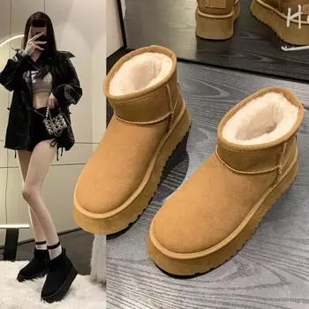 Новые осенние и зимние хлопковые туфли для женщин, теплые, модные, универсальные, с толстой подошвой, матовой поверхностью, с плюшем и толстыми зимними сапогами 35 чёрный