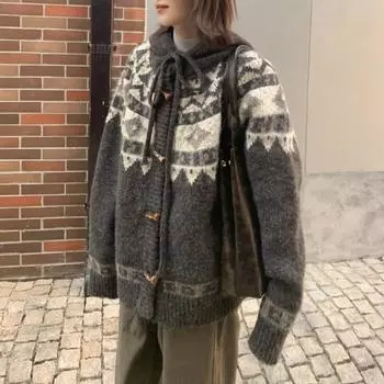 Новые осенние и зимние кашемировые свитера с капюшоном, женские модные утолщенные женские кардиганы с длинным рукавом, винтажный свободный женский свитер 25418 S