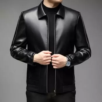 Новые осенние и зимние куртки из натуральной кожи Мужские кожаные куртки с короткими лацканами для молодых и мужчин среднего возраста Модные куртки из натуральной кожи M