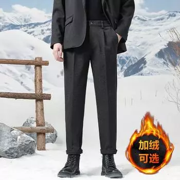 Новые осенние и зимние модели с плюшевыми и утолщенными мужскими шерстяными брюками, облегающий и универсальный костюм, прямые брюки маленького размера 27 темно-серого
