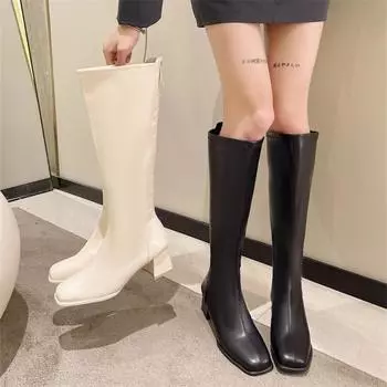 Новые осенние и зимние модели сапог до бедра на толстом каблуке, универсальные узкие сапоги в рыцарском стиле, квадратные сапоги на среднем каблуке, эластичные узкие сапоги 35