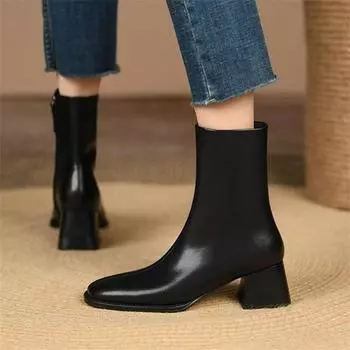 Новые осенние и зимние модные туфли в стиле ретро с квадратным носком, высоким толстым каблуком, боковой молнией, узкие короткие женские универсальные ботинки телесного цвета 35 чёрный