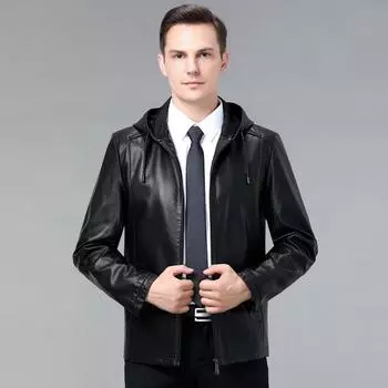 Новые осенние и зимние мужские кожаные куртки, куртки из овчины с капюшоном для людей среднего возраста, модные деловые и замшевые кожаные куртки. M
