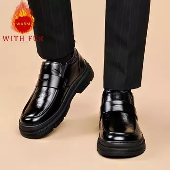 Новые осенние и зимние мужские кожаные туфли из натуральной кожи высокого качества для отдыха, бизнеса и офиса, теплая мужская обувь для отдыха 38 чёрный