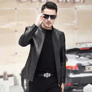 Новые осенние и зимние мужские куртки из натуральной кожи Мужские куртки из овчины Куртки со стоячим воротником Мотоциклетные кожаные куртки для папы L