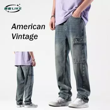 Новые осенние и зимние мужские рабочие брюки American High Street, свободные прямые брюки, универсальные повседневные джинсы Ins Street 28