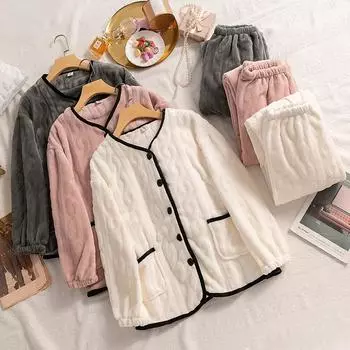 Новые осенние и зимние пижамы для женщин, свободная повседневная домашняя одежда, топы из кораллового бархата, брюки, пижамы, фланелевые пижамы M белый