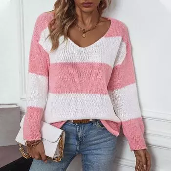 Новые осенние и зимние повседневные свитера европейские и американские контрастные полосатые свитера с V-образным вырезом и открытыми плечами для женщин S розовый
