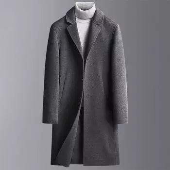 Новые осенние и зимние шерстяные пальто для мужчин, длинные однобортные двубортные шерстяные пальто, пальто выше колена для мужчин M чёрный