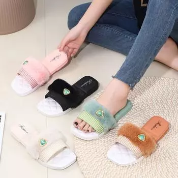 Новые осенние и зимние тапочки женские модные повседневные с плоской подошвой Mao Mao односложные домашние сандалии с квадратным носком для улицы 36