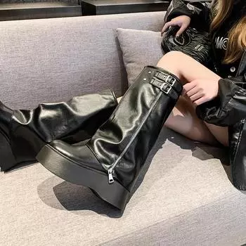 Новые осенние и зимние универсальные женские женские ботинки на плоском каблуке, женские сапоги высокого качества, повседневные сапоги до колена 35