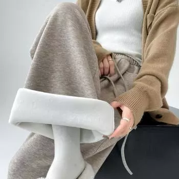 Новые осенние и зимние утолщенные бархатные широкие брюки женские модные однотонные элегантные прямые свободные брюки с высокой талией женские узкие простые женские брюки 25708 S абрикосовый