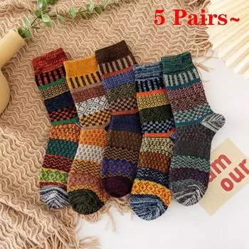 Новые осенние и зимние утолщенные махровые носки для мужчин и женщин, теплые носки-полотенца, модные ретро-индивидуальные этнические ветровые шерстяные носки, 5 пар 5 pairs