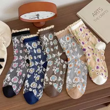 Новые осенние и зимние женские носки с цветочным принтом, винтажные носки средней длины, японская мода, носки в стиле Харадзюку в стиле ретро для милых девушек с оборками